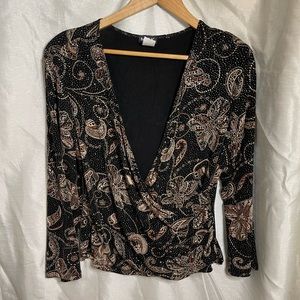 VTG 90’s Black Slinky Brown Floral Paisley Print Glitter Sparkle V-neck Blouse